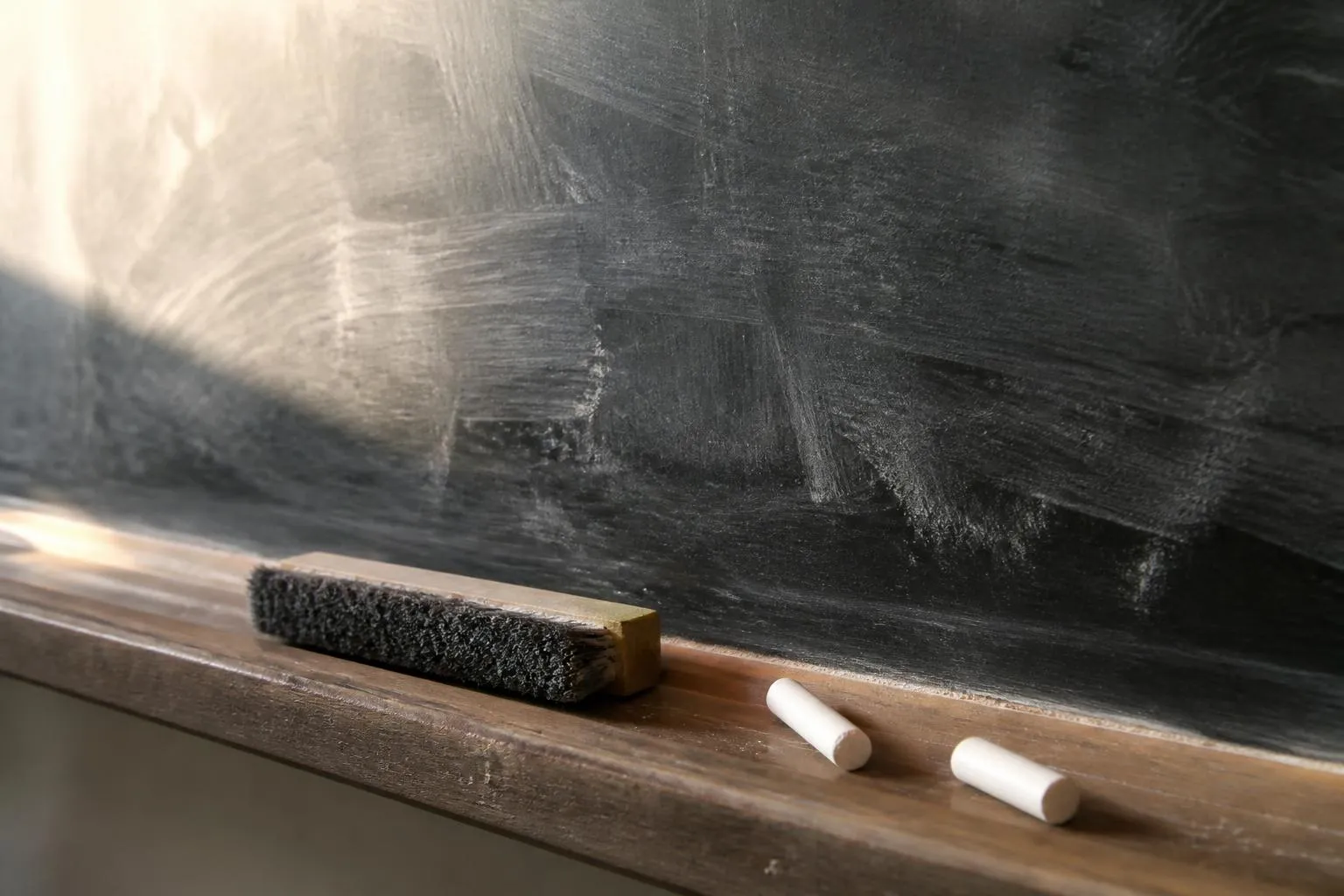 Un tableau noir d’école recouvert de traces de craie effacée, dans une salle de classe vide.