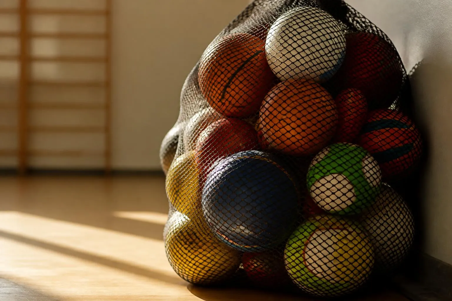 Des ballons rangés dans un filet contre le mur d’un gymnase au parquet clair.