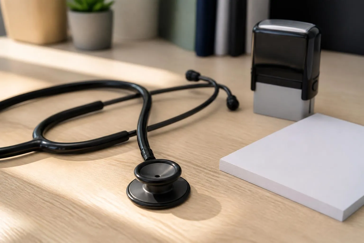 Un stéthoscope posé sur un bureau de cabinet médical, à côté d'un tampon d'ordonnance.