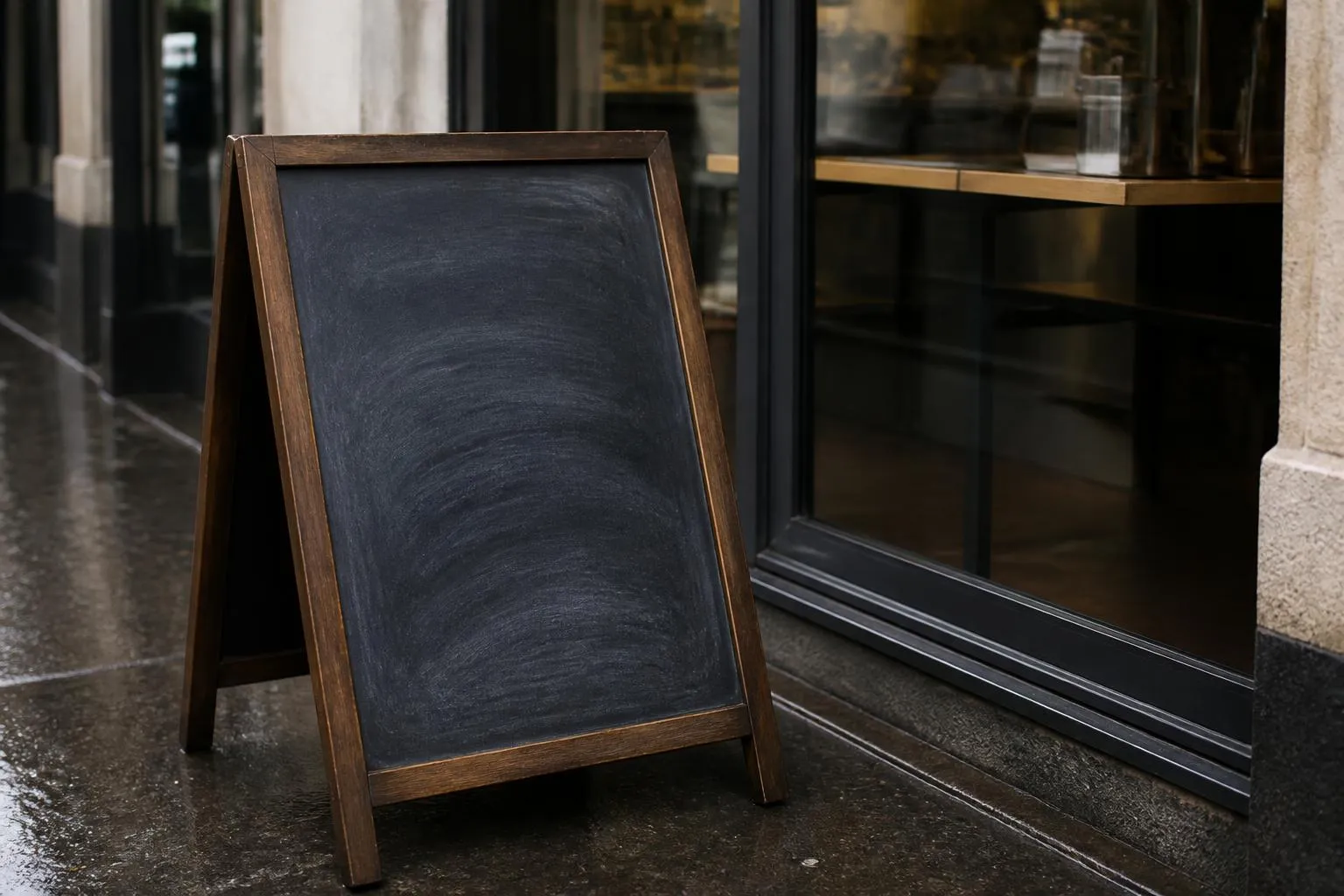 Ardoise de menu manuscrite posée contre la devanture vitrée d'un restaurant de rue.