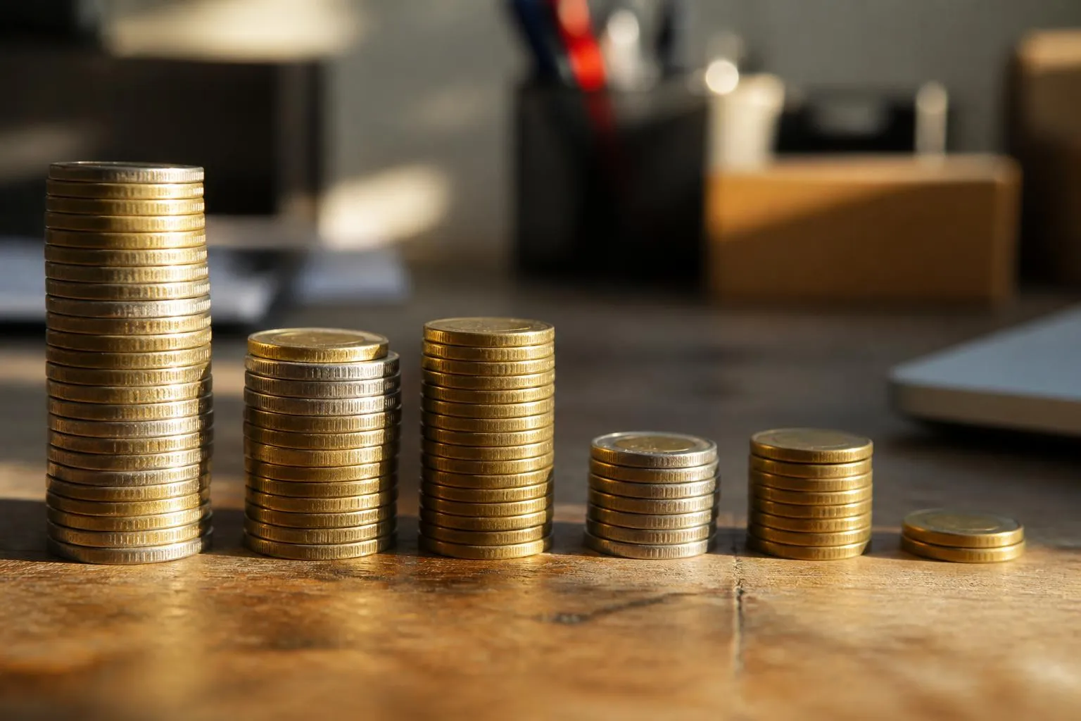 Des piles de pièces de monnaie de hauteurs inégales alignées sur un plateau de bois usé.